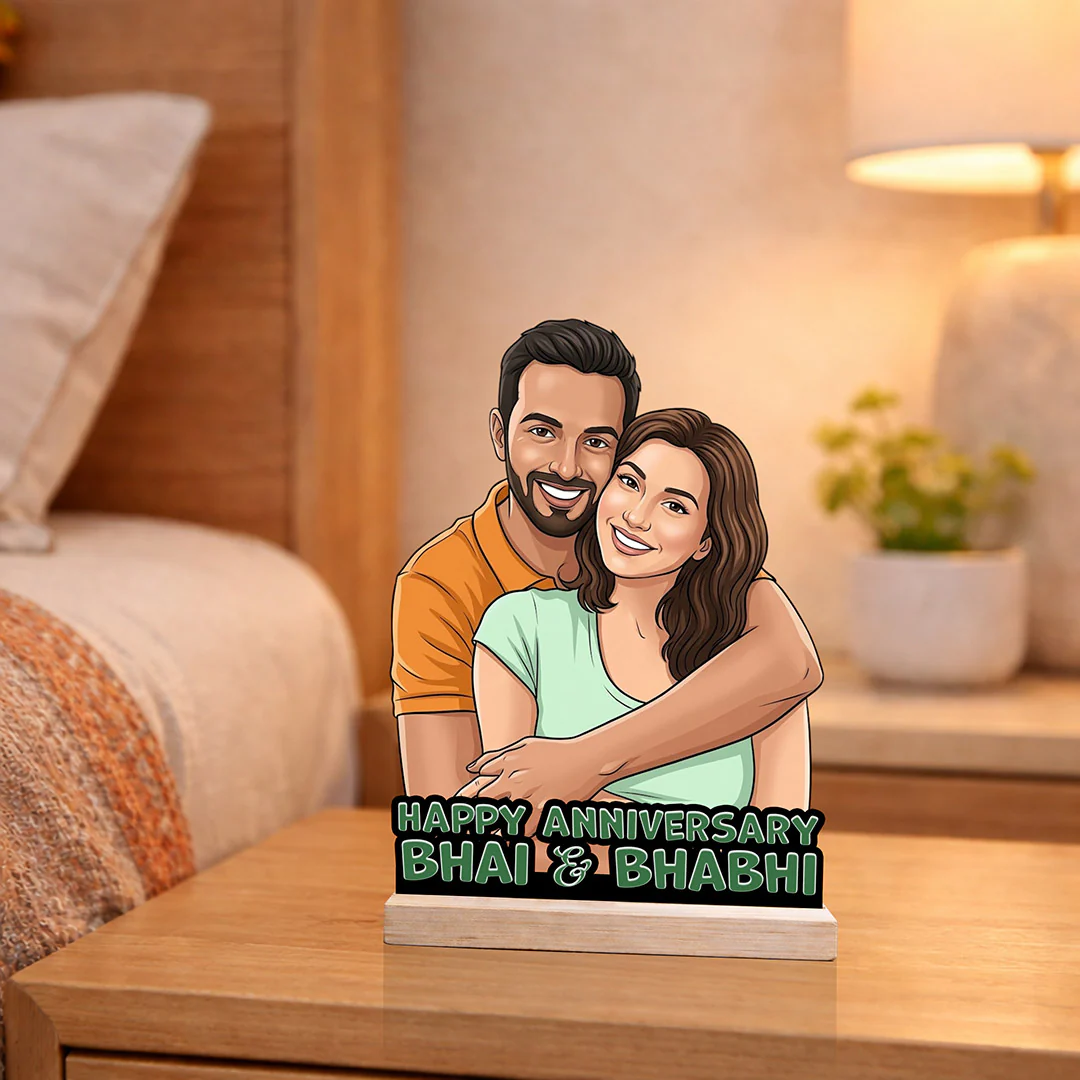 Personalized Anniversary Cartoon Wooden Table Stand | Gift for Bhai & Bhabhi (6x8")