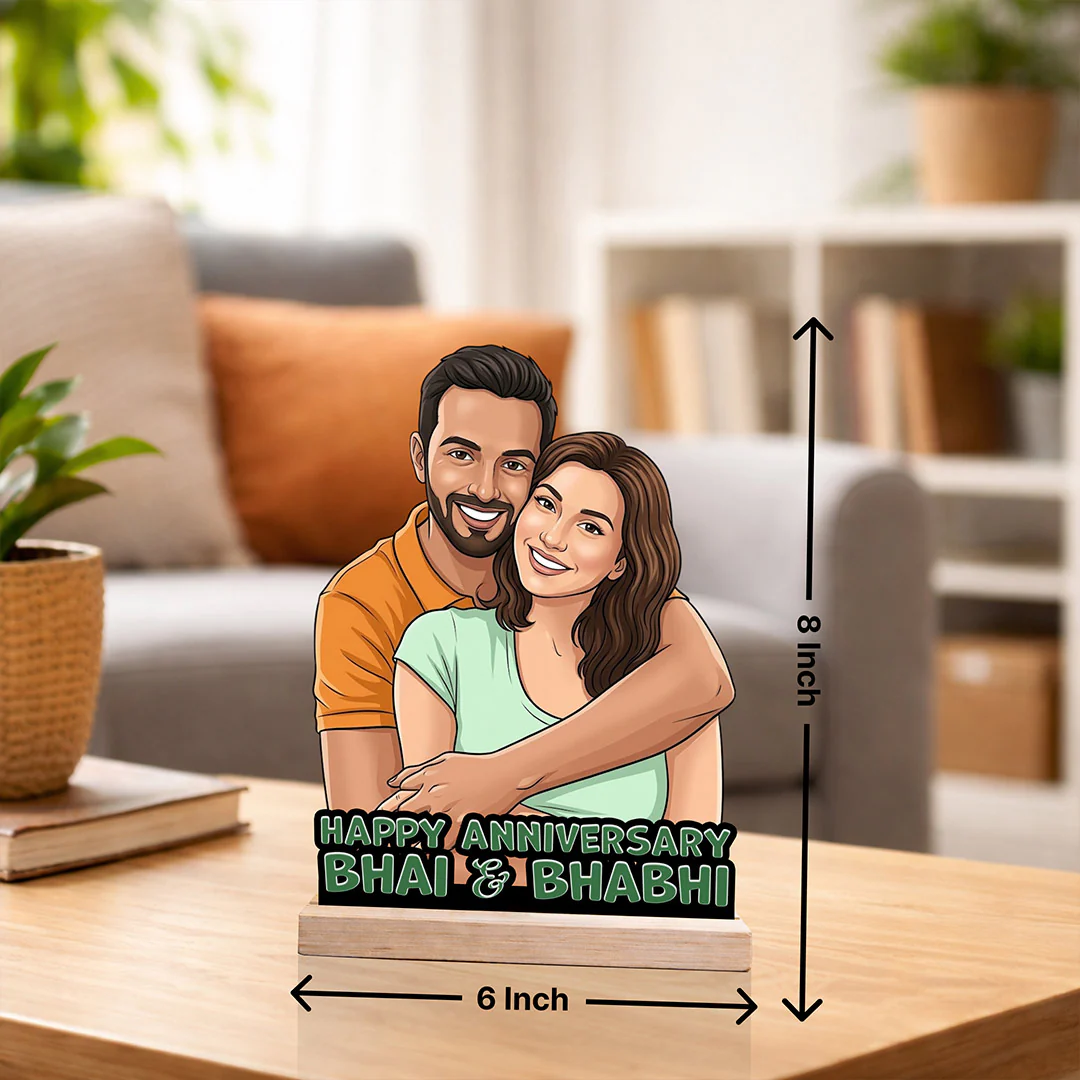 Personalized Anniversary Cartoon Wooden Table Stand | Gift for Bhai & Bhabhi (6x8") - Image 2
