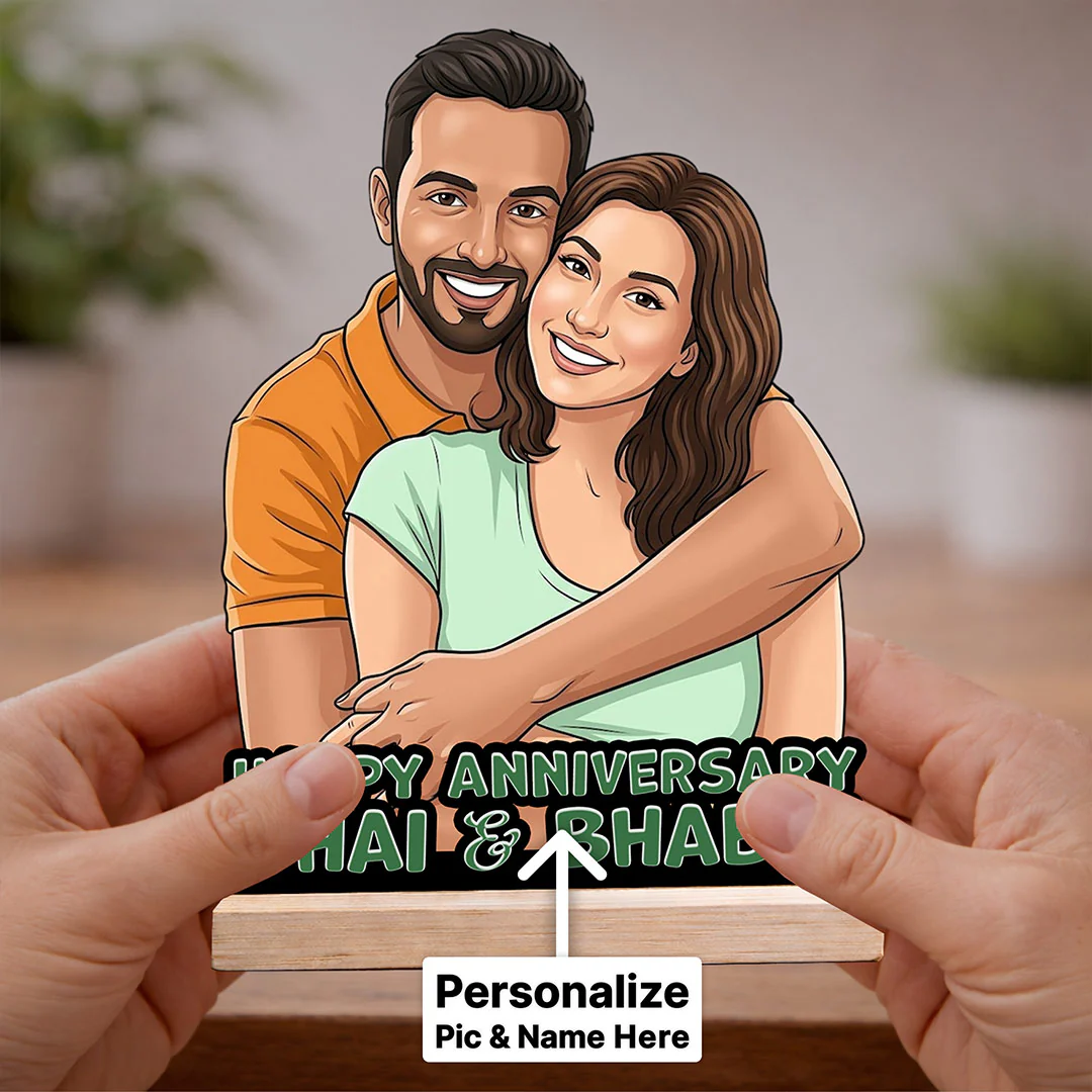 Personalized Anniversary Cartoon Wooden Table Stand | Gift for Bhai & Bhabhi (6x8") - Image 3