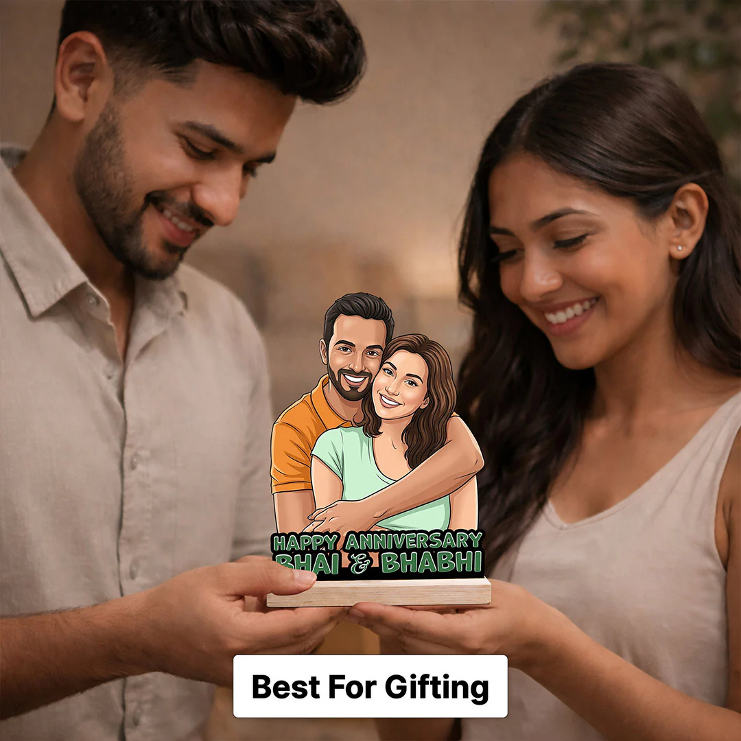 Personalized Anniversary Cartoon Wooden Table Stand | Gift for Bhai & Bhabhi (6x8") - Image 5