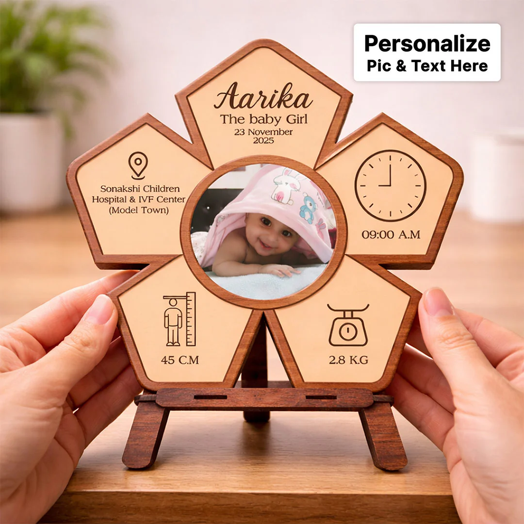 Personalized Baby Birth Details Wooden Flower Table Stand (8x8 Inch) - Image 3