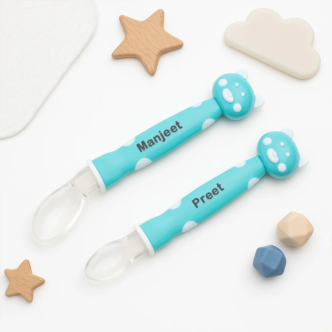 Personalized Baby Feeding Spoon – Blue Polka