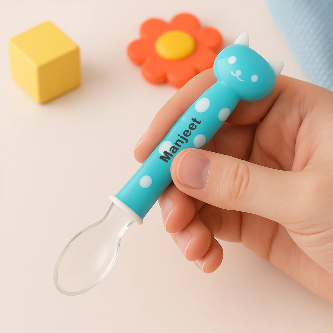 Personalized Baby Feeding Spoon – Blue Polka - Image 3