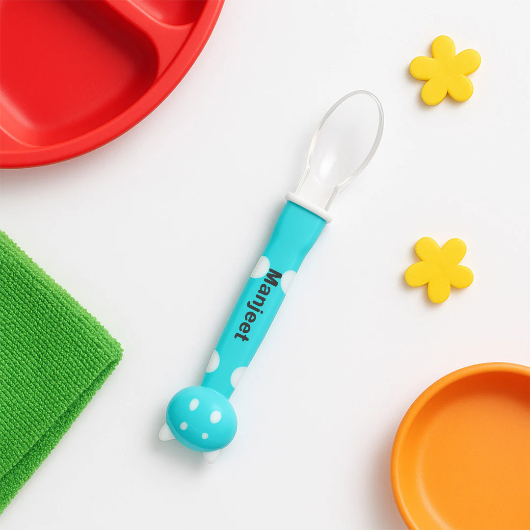 Personalized Baby Feeding Spoon – Blue Polka - Image 4
