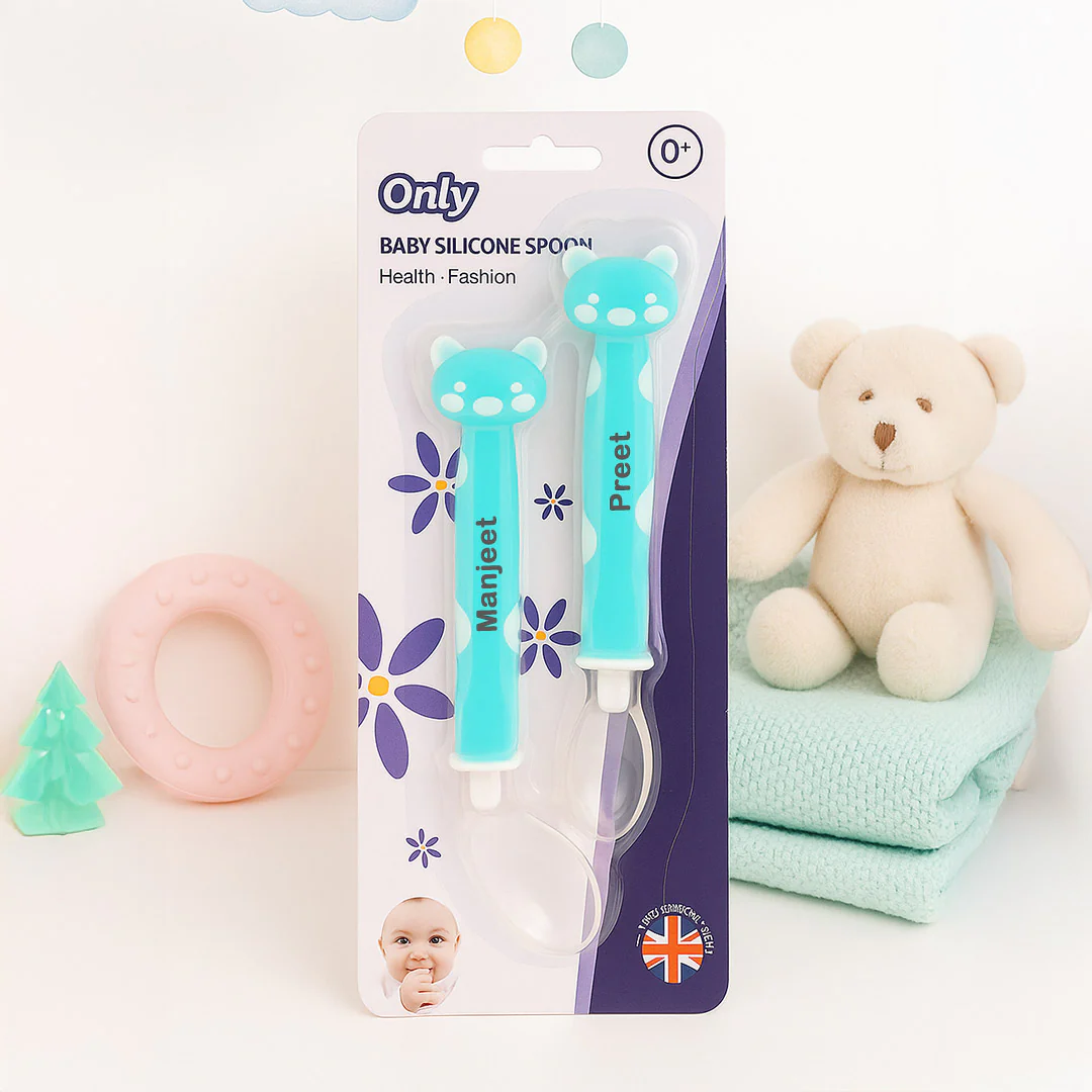 Personalized Baby Feeding Spoon – Blue Polka - Image 5