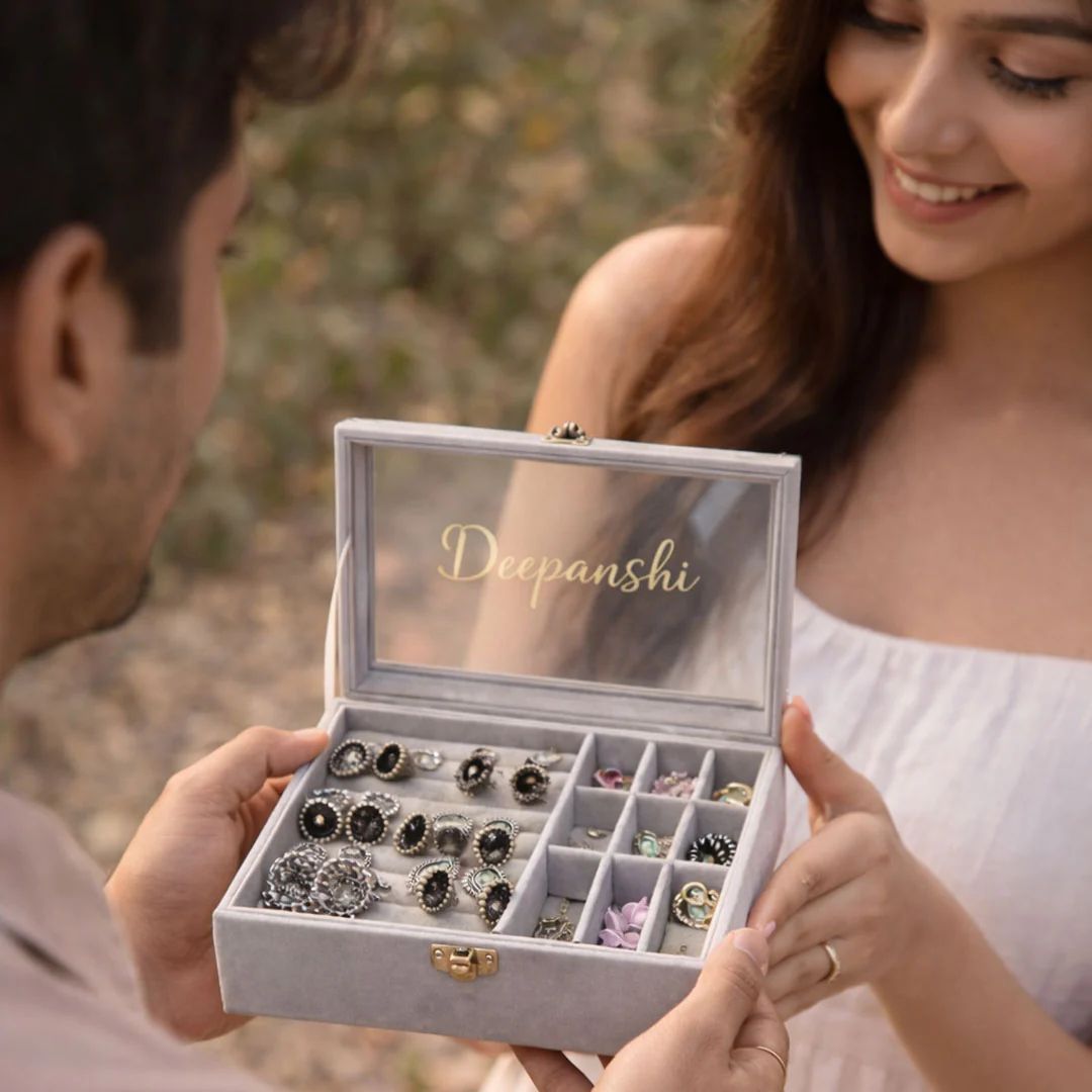 Personalized Beige Velvet Jewellery Box for Earrings & Jhumkas - Image 5