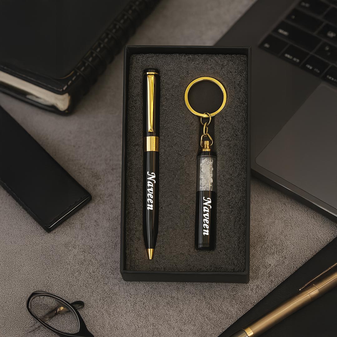 Personalized  Black & Gold Crystal Pen & Keychain Set - Image 4