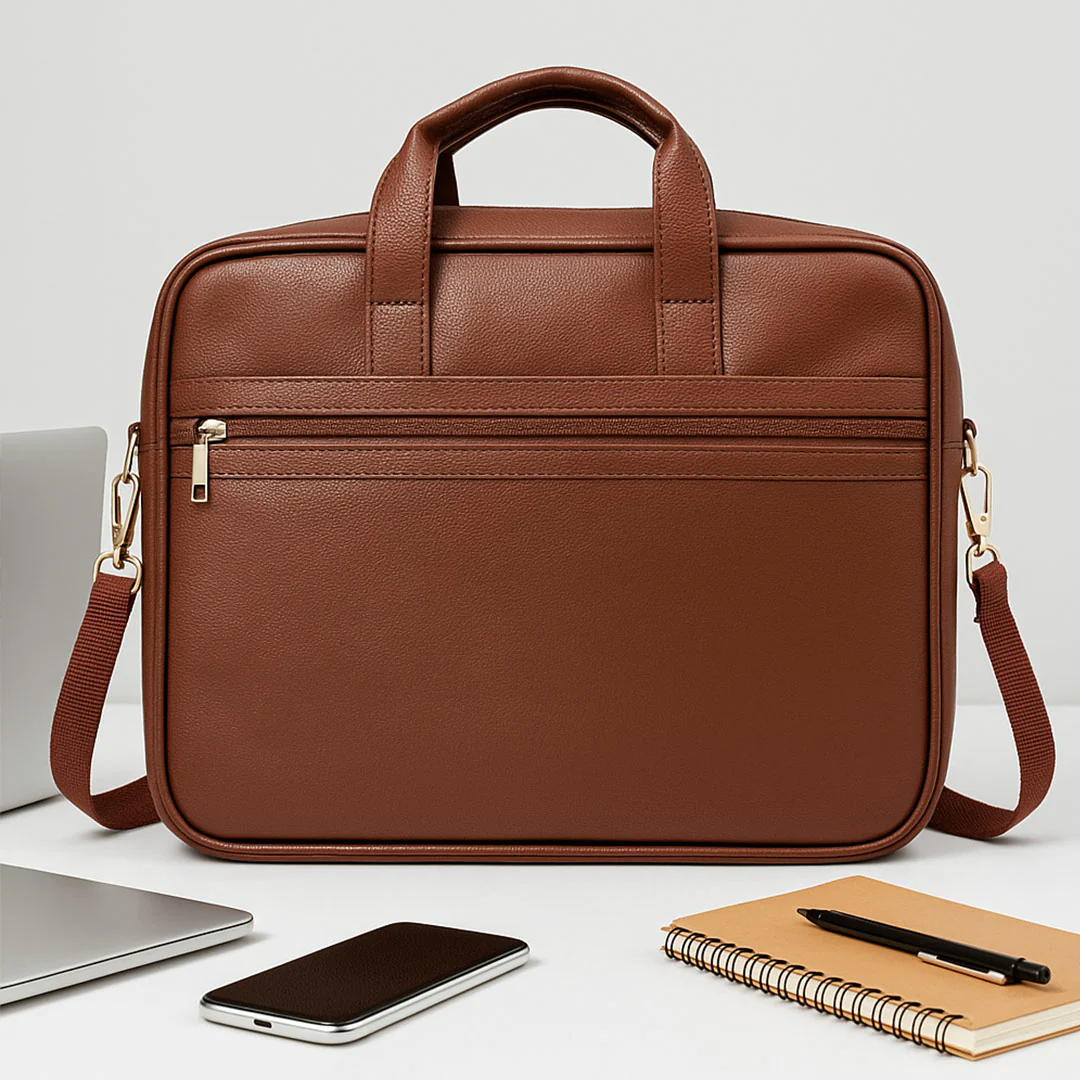 Personalized Brown Leather Office Laptop Bag - Image 3