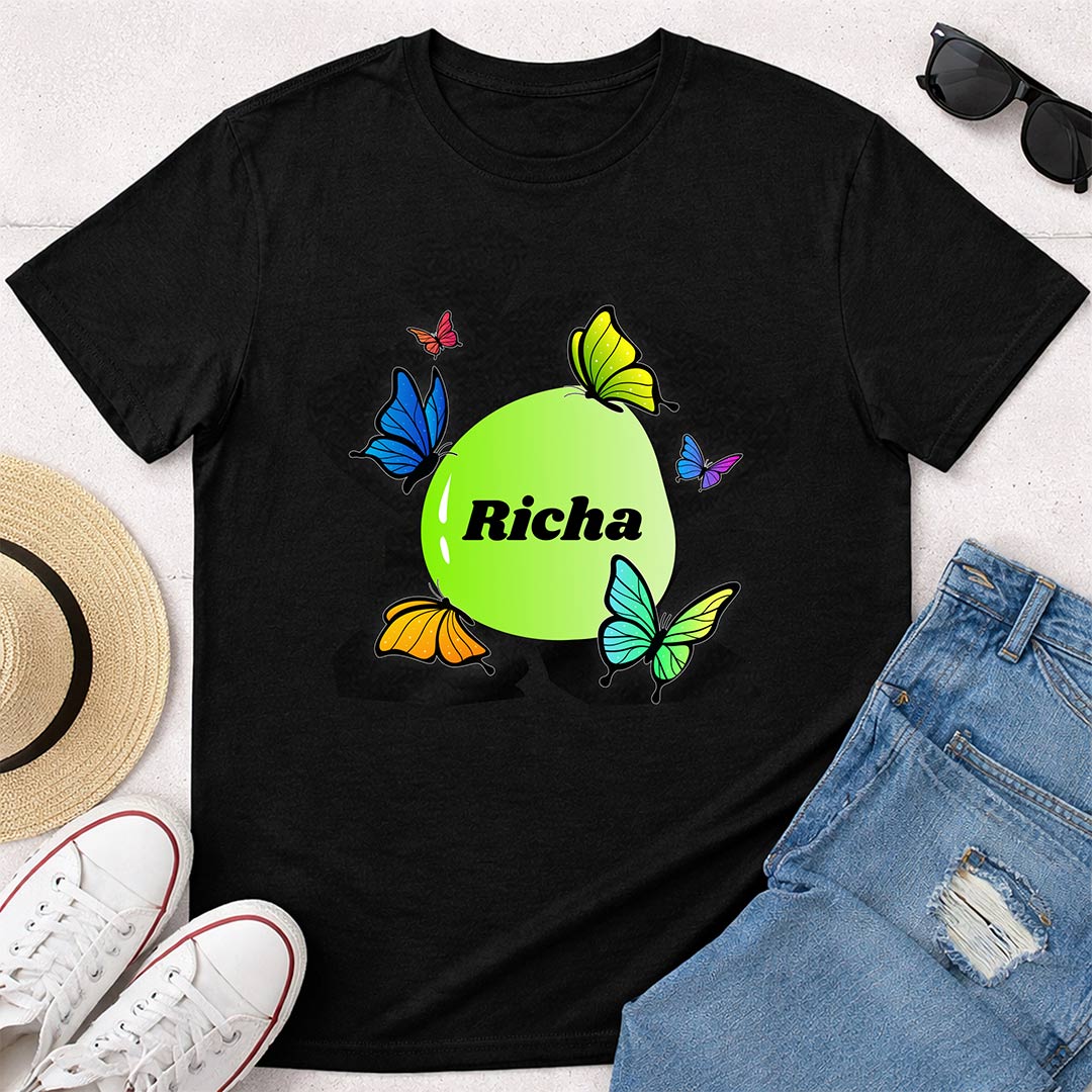 Personalized Butterfly Circle Name Print Black T-Shirt - Image 6