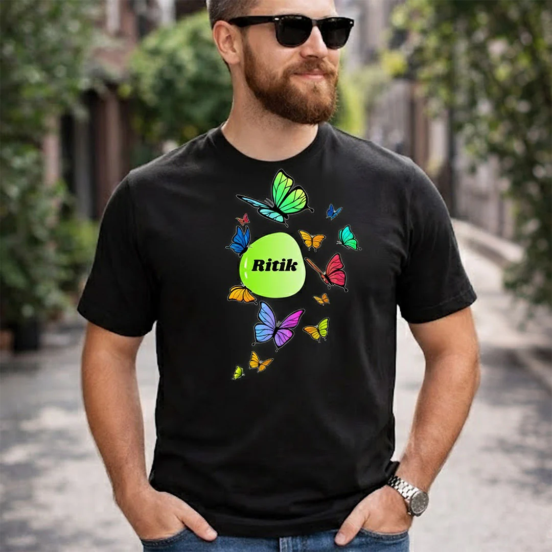 Personalized Butterfly Print Black T-Shirt - Image 5