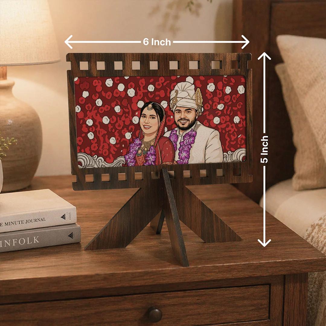 Personalized Cartoon Couple Wooden Frame | Custom Wedding Photo Stand (6x5") - Image 3