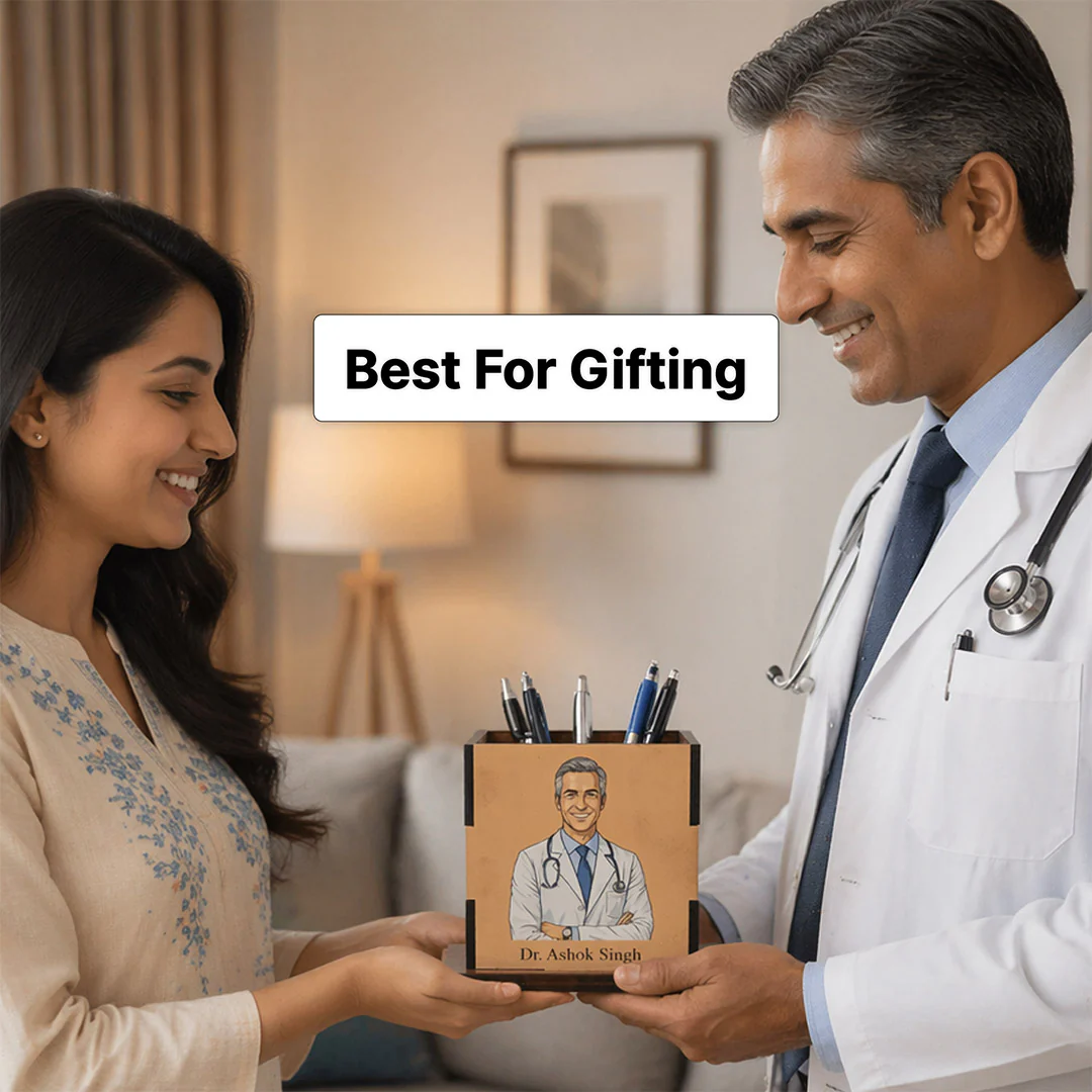 Personalized Cartoon Doctor Wooden Pen Stand (3.5 x 3.5") - Image 2