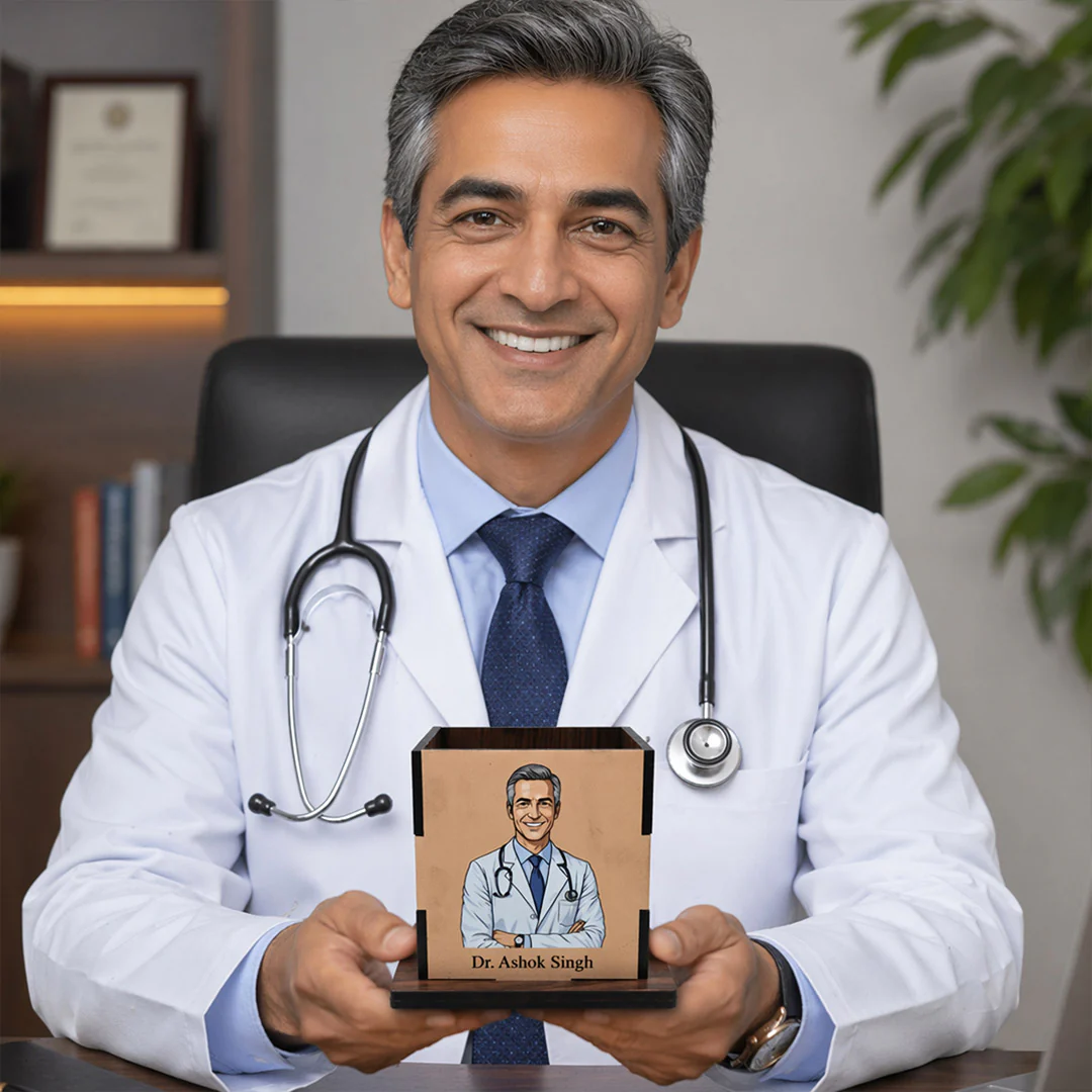 Personalized Cartoon Doctor Wooden Pen Stand (3.5 x 3.5") - Image 3