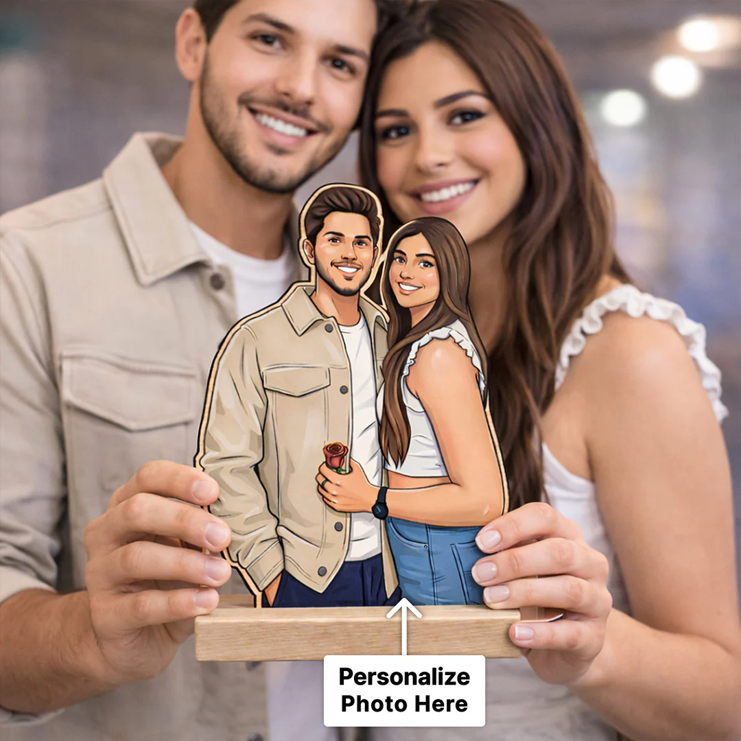 Personalized Couple Cartoon Wooden Photo Stand-(7x4") - Image 2