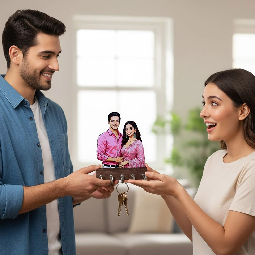 Personalized Couple Cartoon Wooden Key Holder (5×4”) - Image 3