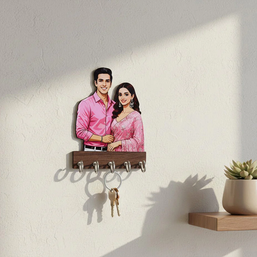 Personalized Couple Cartoon Wooden Key Holder (5×4”) - Image 4