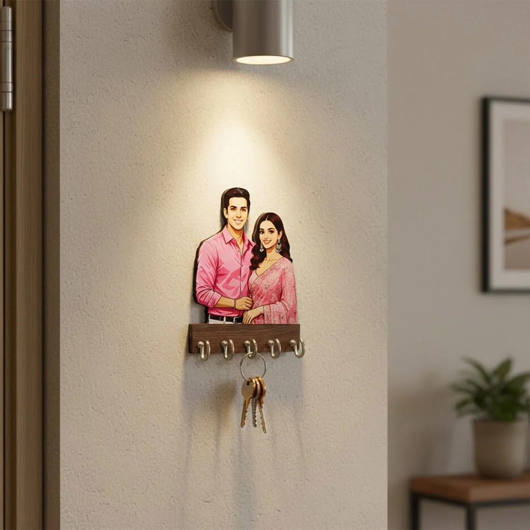 Personalized Couple Cartoon Wooden Key Holder (5×4”) - Image 5
