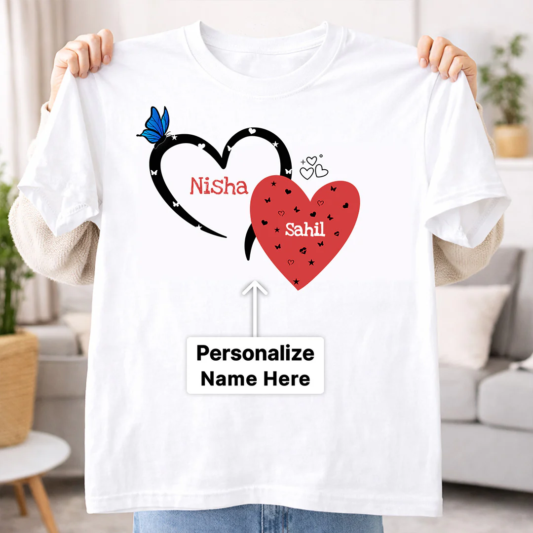 Personalized Couple Heart Print White T-Shirt - Image 2