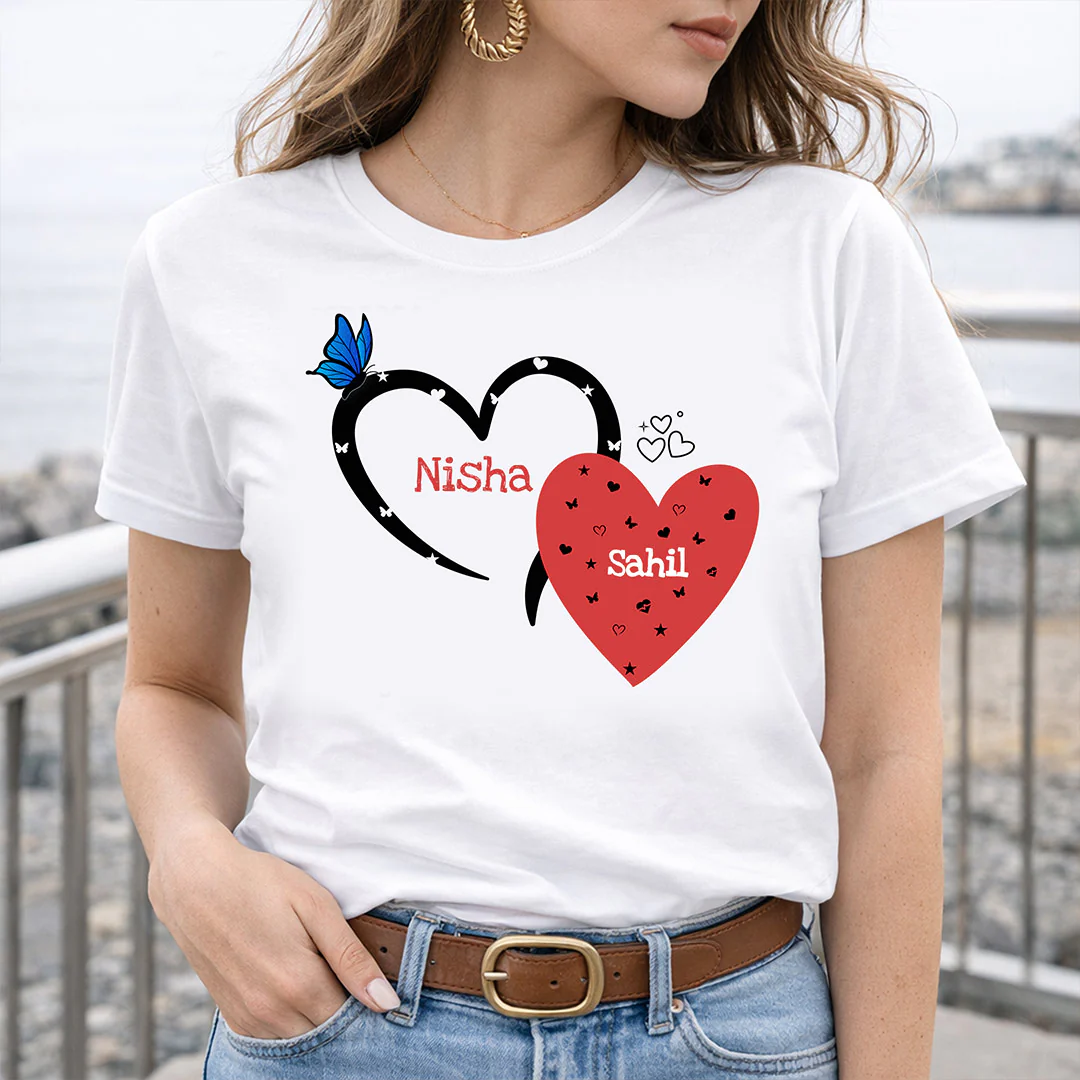 Personalized Couple Heart Print White T-Shirt - Image 3