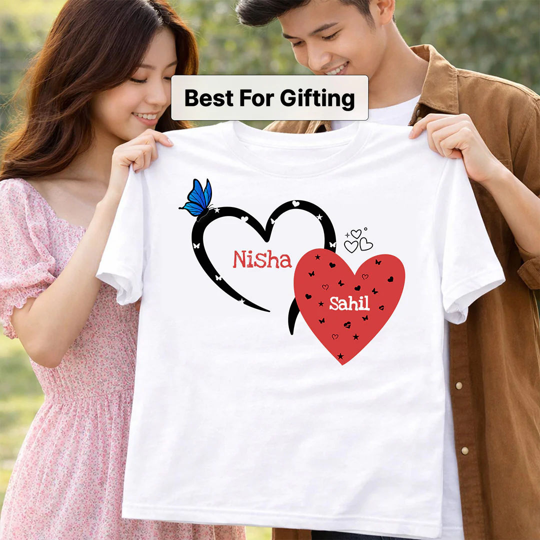 Personalized Couple Heart Print White T-Shirt - Image 4