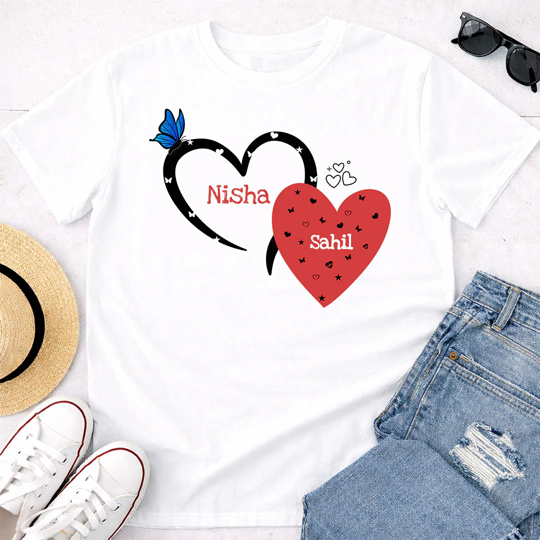 Personalized Couple Heart Print White T-Shirt - Image 5
