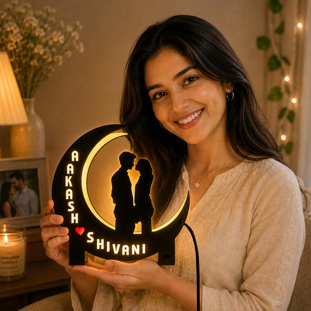Personalized Couple Moon LED Lamp | Romantic Night Light Gift 9x6" - Image 4
