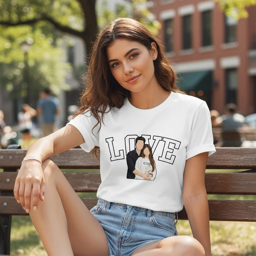 Personalized Couple Photo LOVE Design White T-Shirt