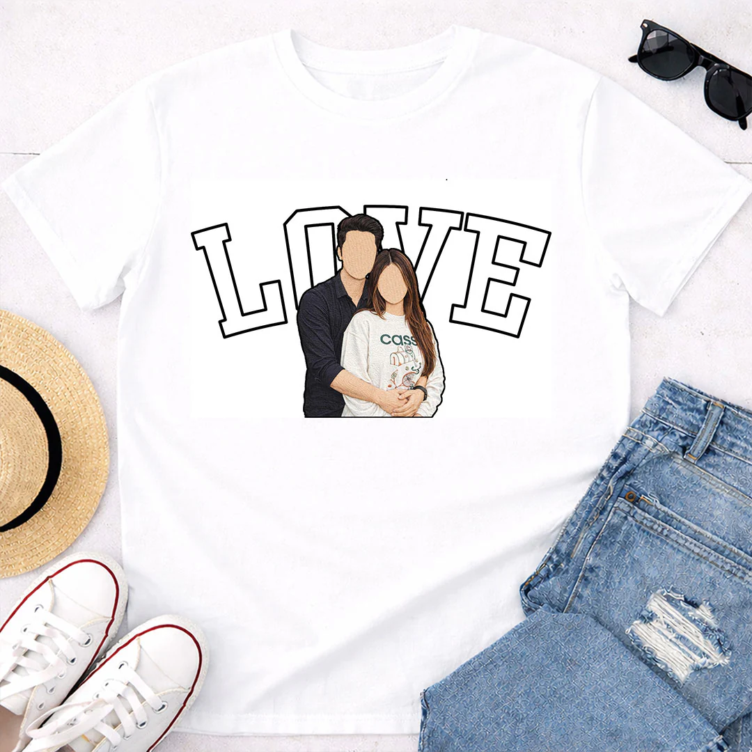 Personalized Couple Photo LOVE Design White T-Shirt - Image 5