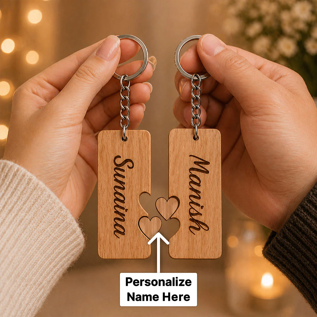 Personalized Couple Wooden Keychain | Custom Name Matching Heart Keyring Gift for Couples 2x2.5" - Image 2