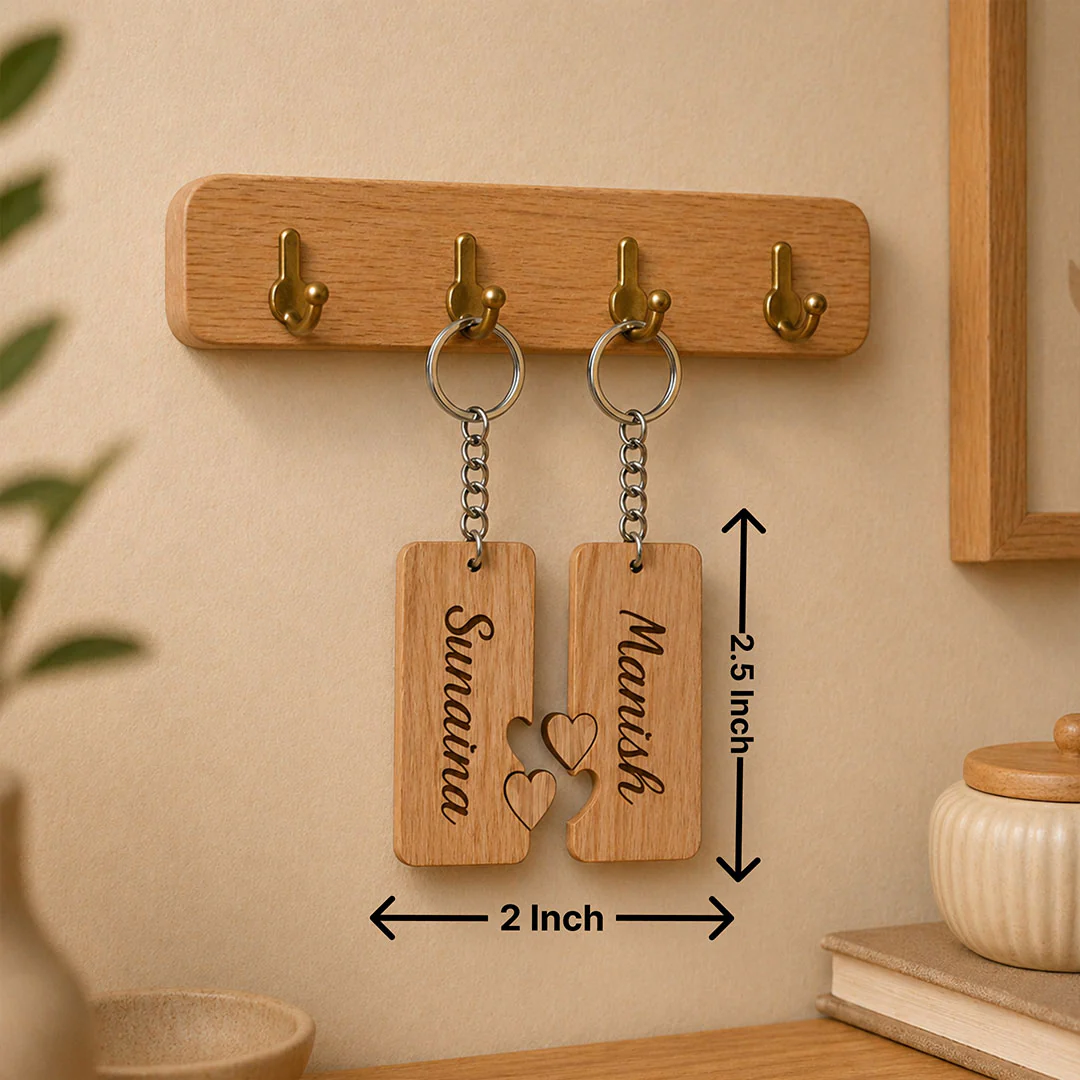 Personalized Couple Wooden Keychain | Custom Name Matching Heart Keyring Gift for Couples 2x2.5" - Image 3