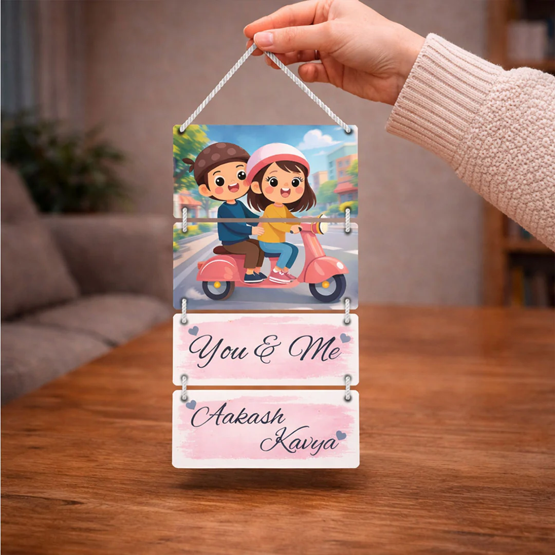 Personalized Couple “You & Me” Cartoon Wooden Wall Hanging– 9×16" - Image 4