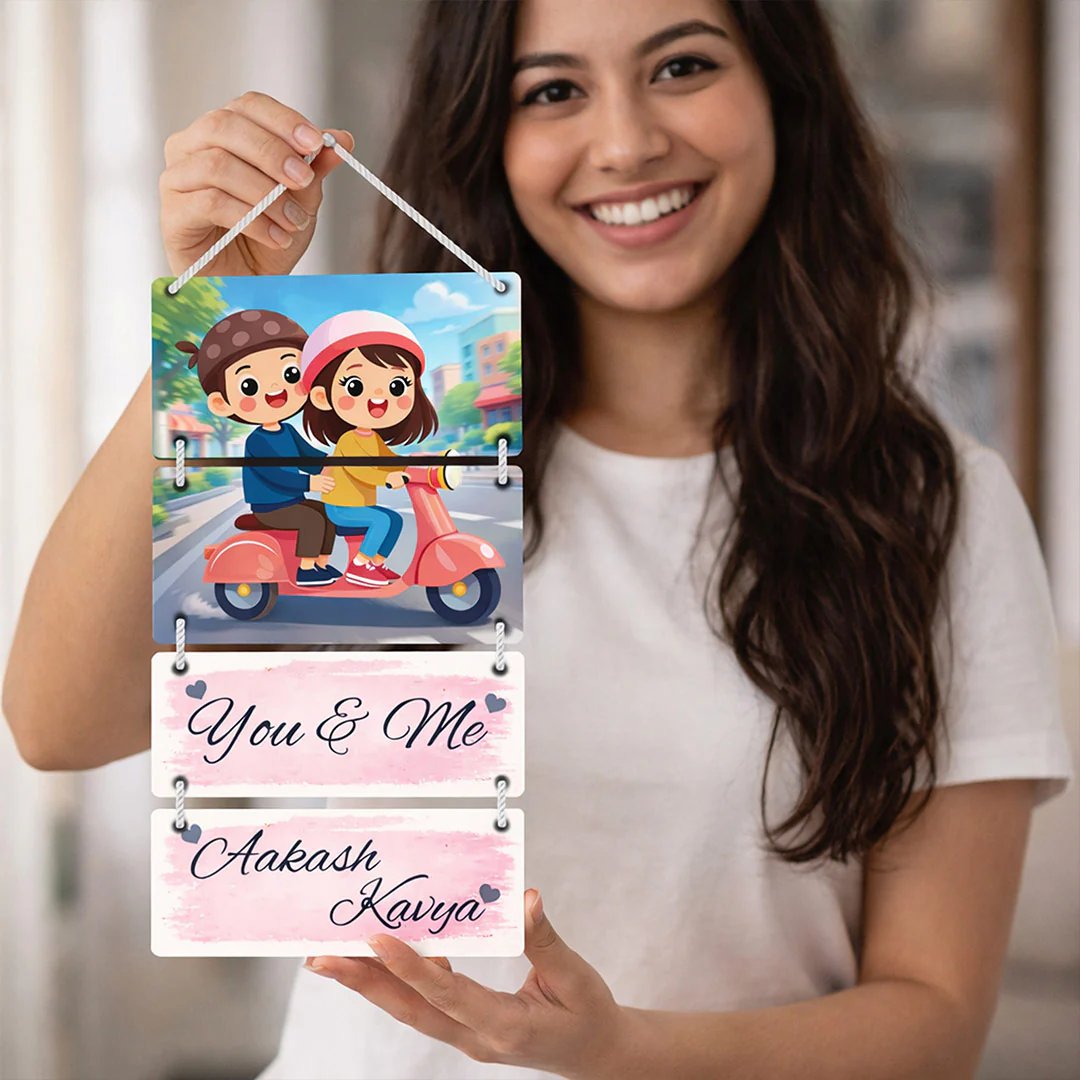 Personalized Couple “You & Me” Cartoon Wooden Wall Hanging– 9×16" - Image 5