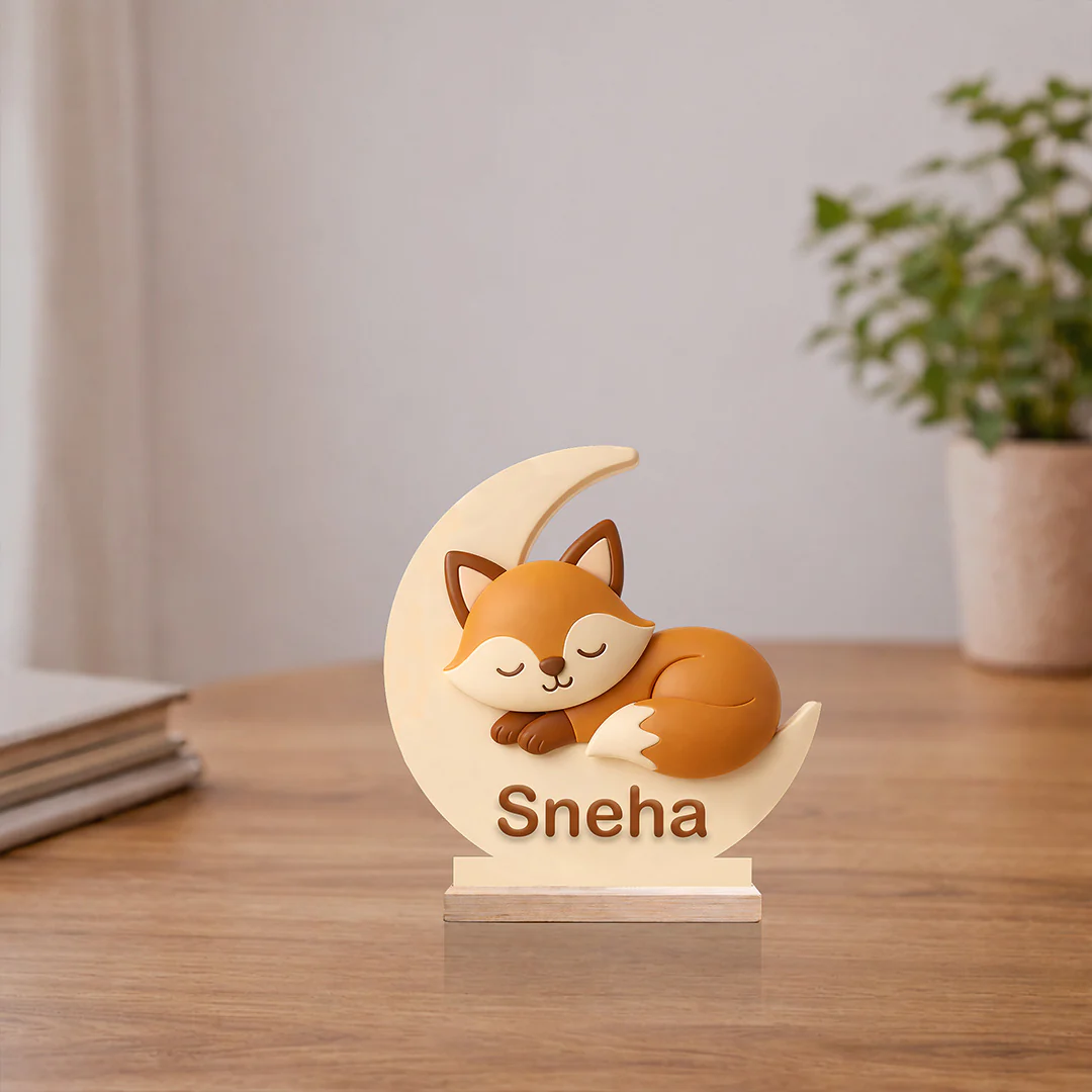 Personalized Cute Fox Moon Wooden Name Stand (6x6")