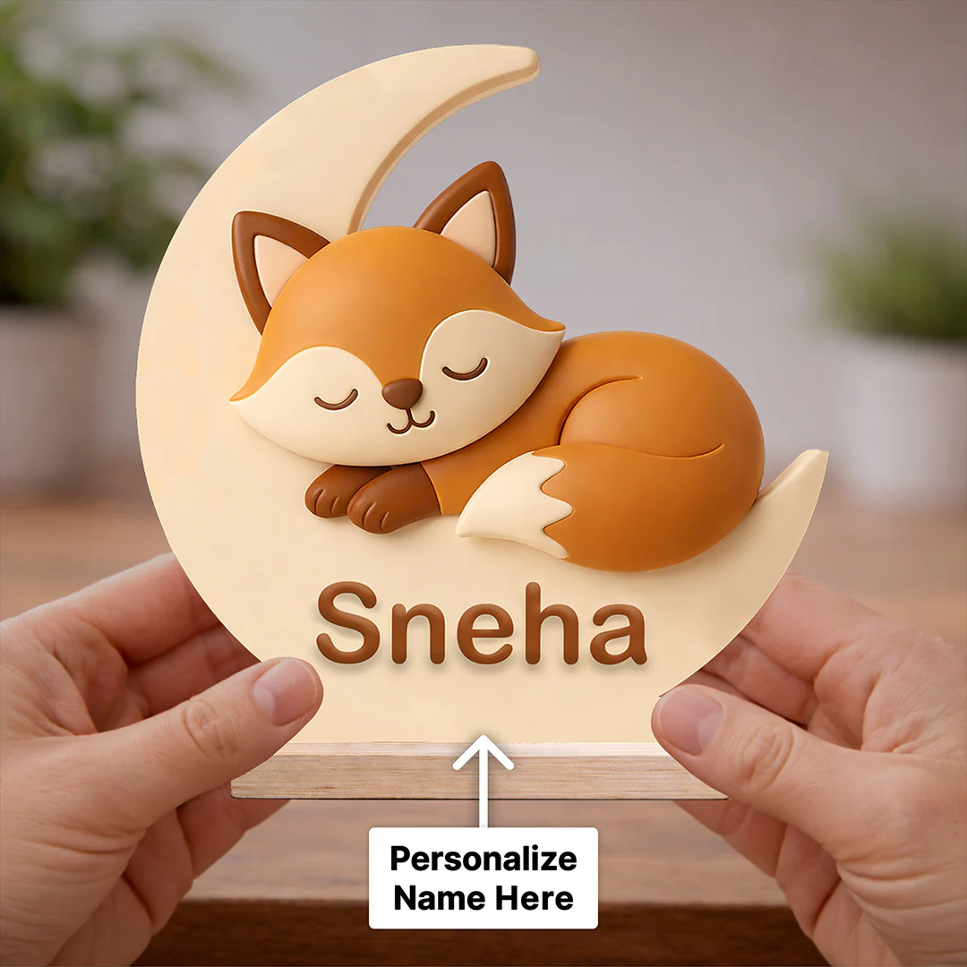 Personalized Cute Fox Moon Wooden Name Stand (6x6") - Image 2