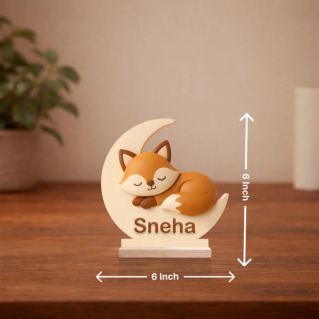 Personalized Cute Fox Moon Wooden Name Stand (6x6") - Image 3
