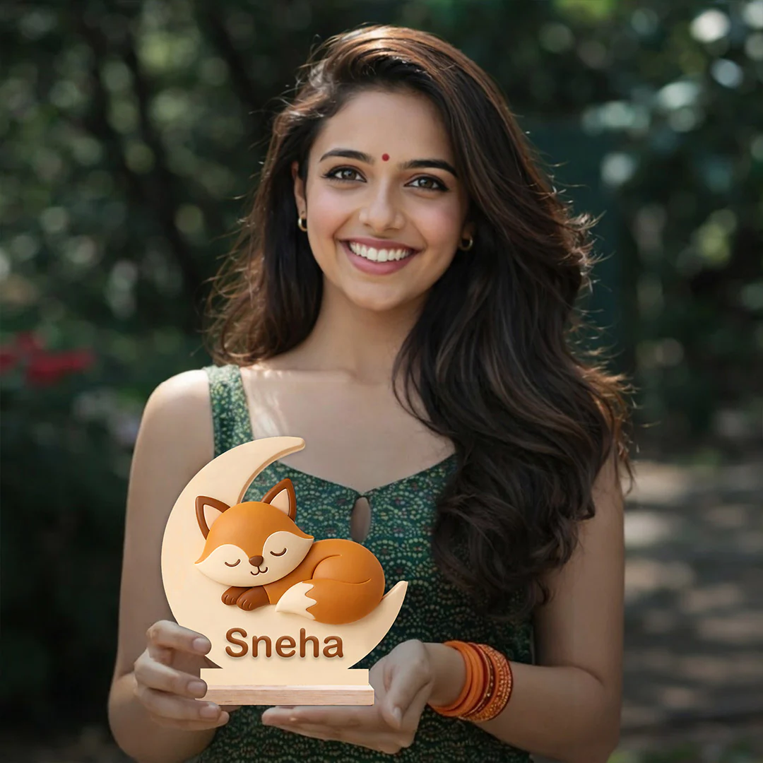 Personalized Cute Fox Moon Wooden Name Stand (6x6") - Image 4