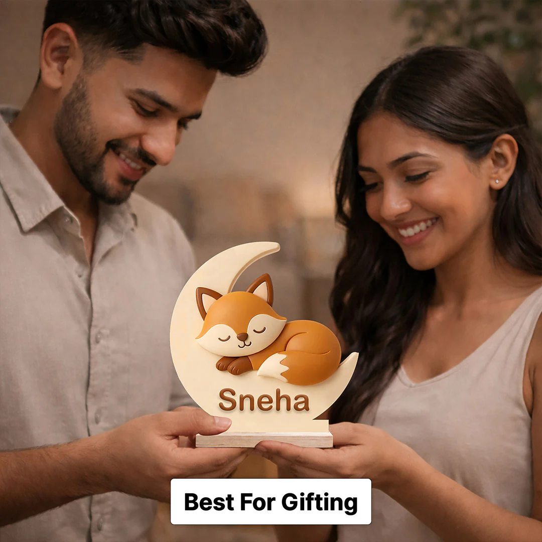 Personalized Cute Fox Moon Wooden Name Stand (6x6") - Image 5