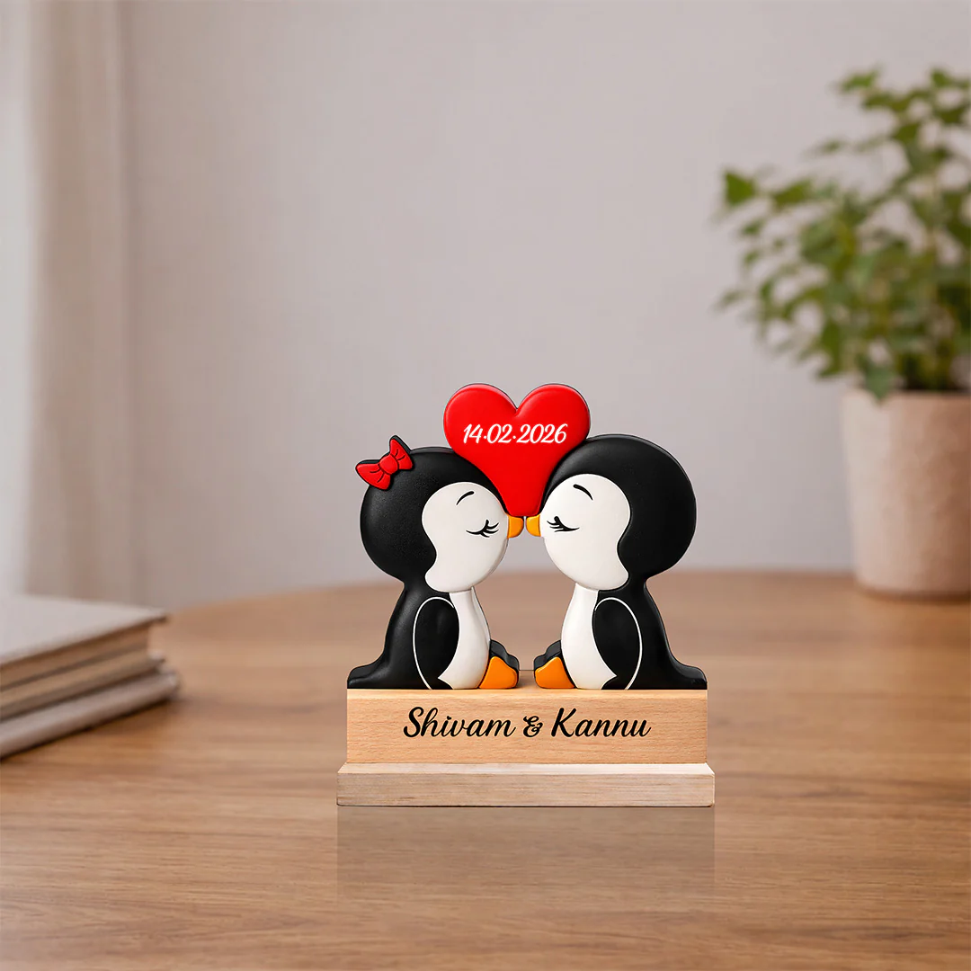 Personalized Cute Penguin Couple Wooden Table Stand (6x6")
