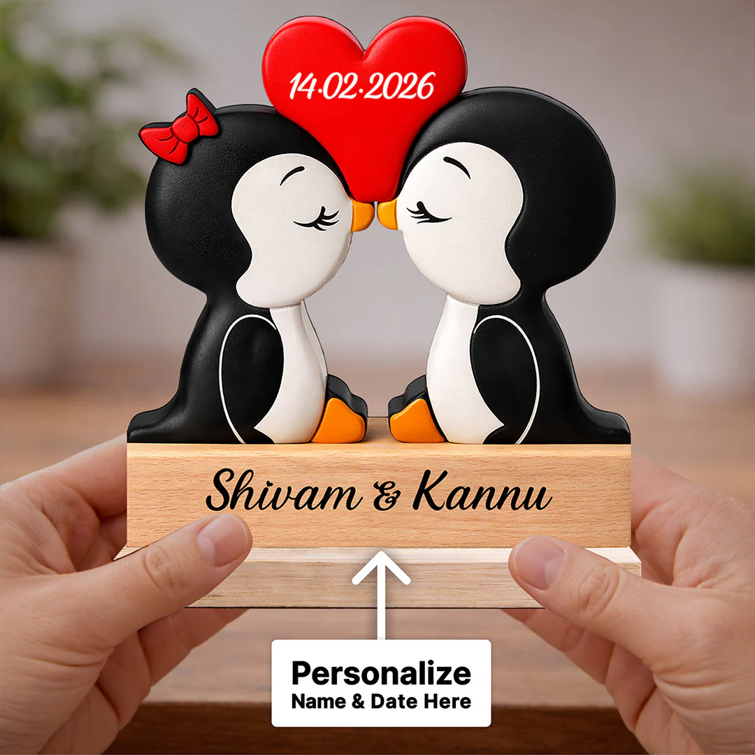 Personalized Cute Penguin Couple Wooden Table Stand (6x6") - Image 2
