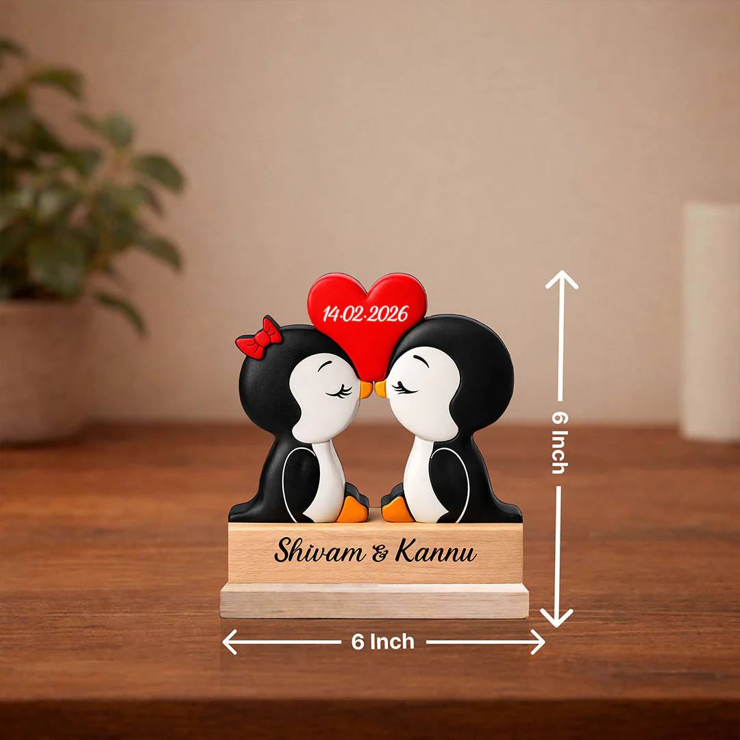 Personalized Cute Penguin Couple Wooden Table Stand (6x6") - Image 3