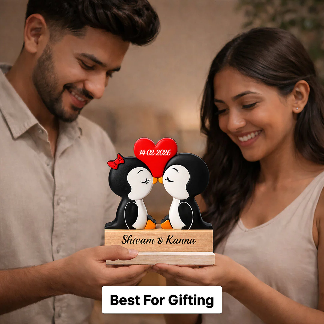 Personalized Cute Penguin Couple Wooden Table Stand (6x6") - Image 5