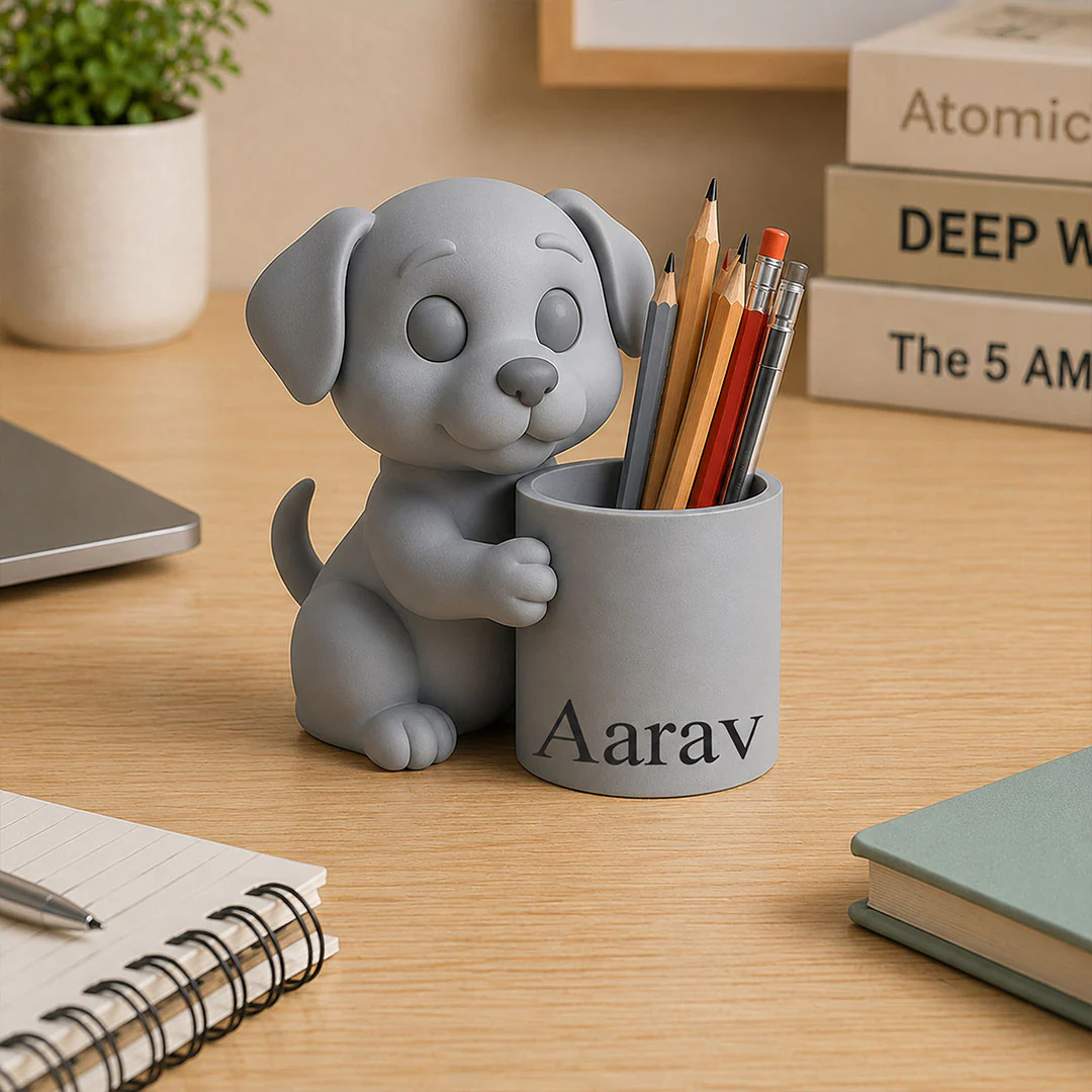 Personalized Cute Puppy Pen Holder | Grey Puppy Desk Organizer Gift