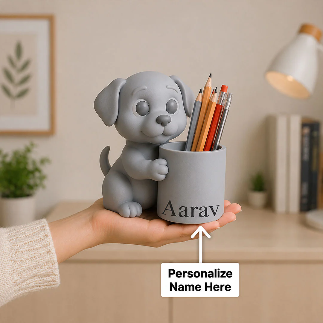 Personalized Cute Puppy Pen Holder | Grey Puppy Desk Organizer Gift - Image 2