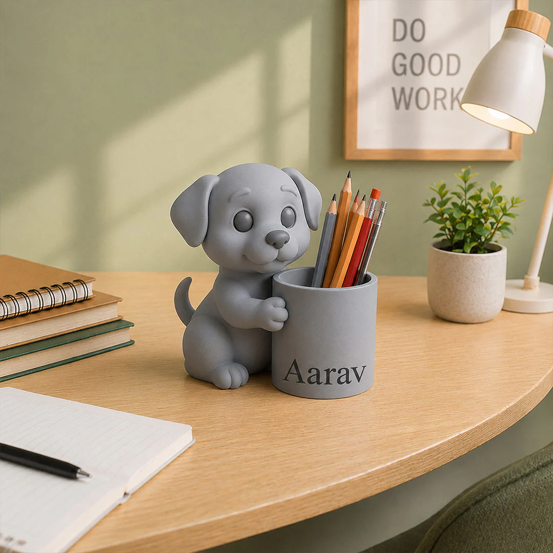 Personalized Cute Puppy Pen Holder | Grey Puppy Desk Organizer Gift - Image 3