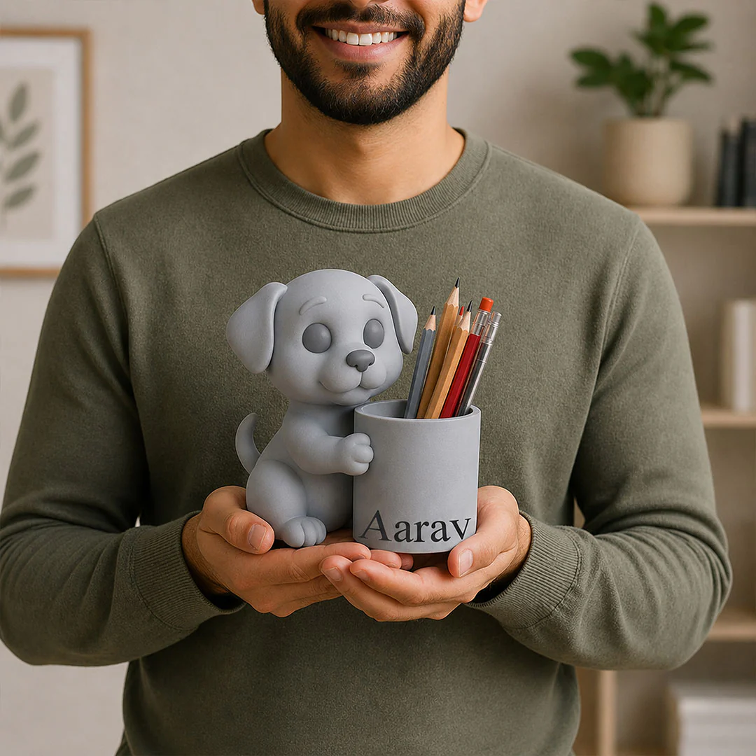 Personalized Cute Puppy Pen Holder | Grey Puppy Desk Organizer Gift - Image 5