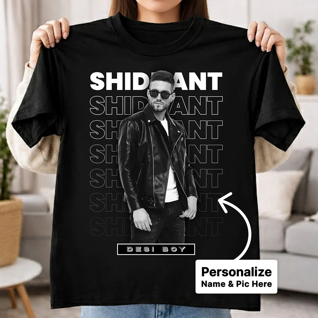 Personalized Desi Boy Name & Photo Black T-Shirt - Image 2