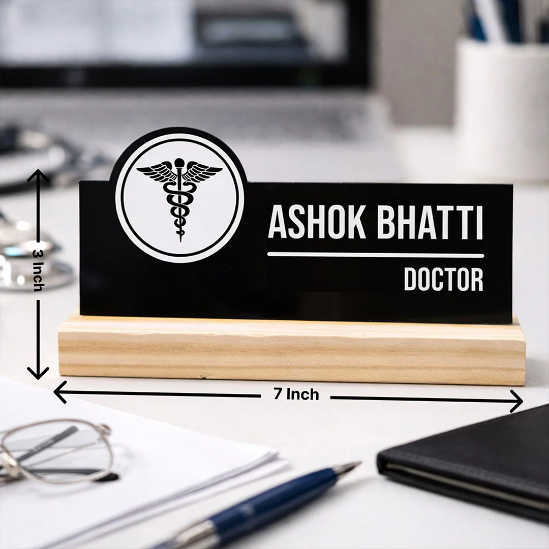 Personalized Doctor Acrylic Name Plate with Wooden Base-7x3" - Image 3