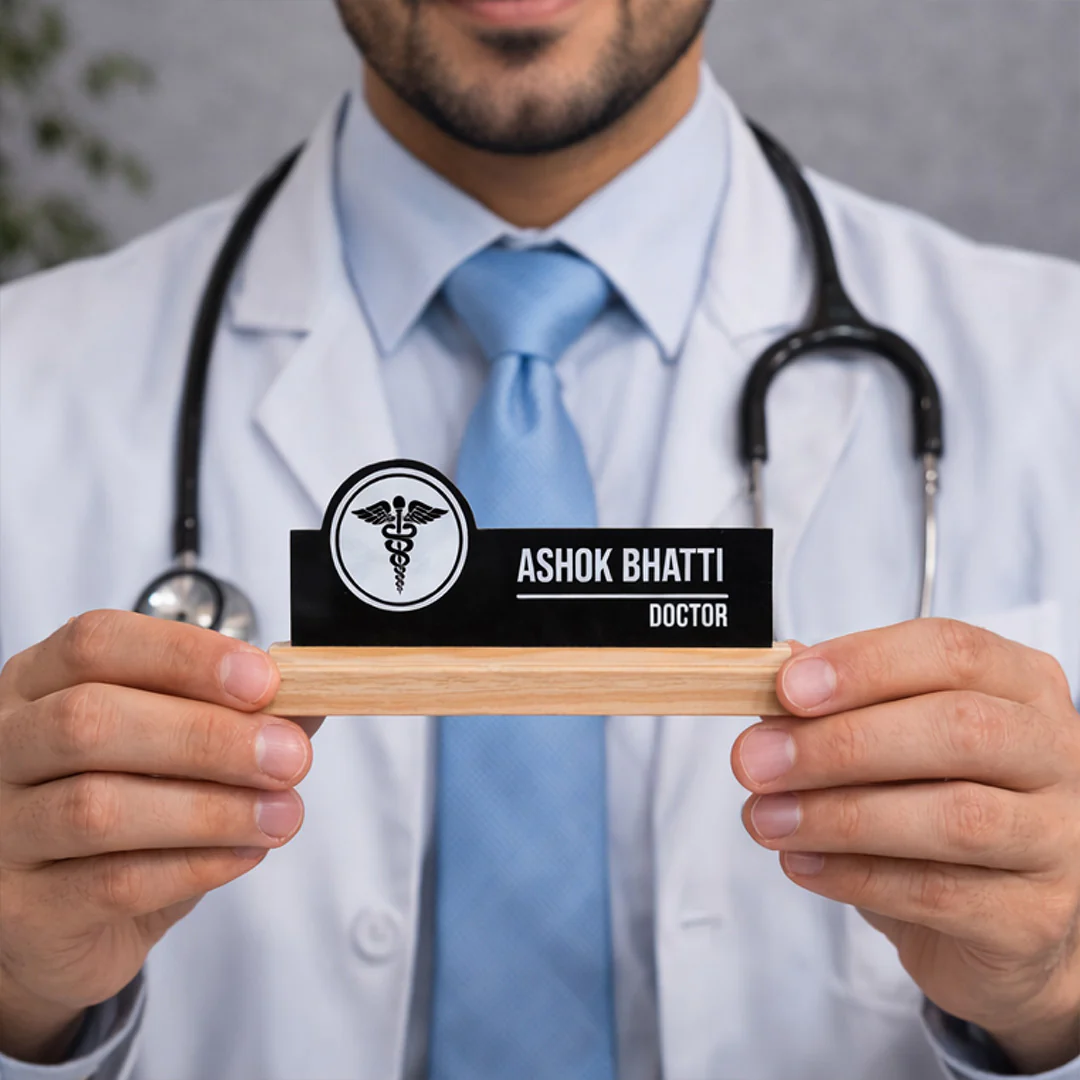 Personalized Doctor Acrylic Name Plate with Wooden Base-7x3" - Image 4