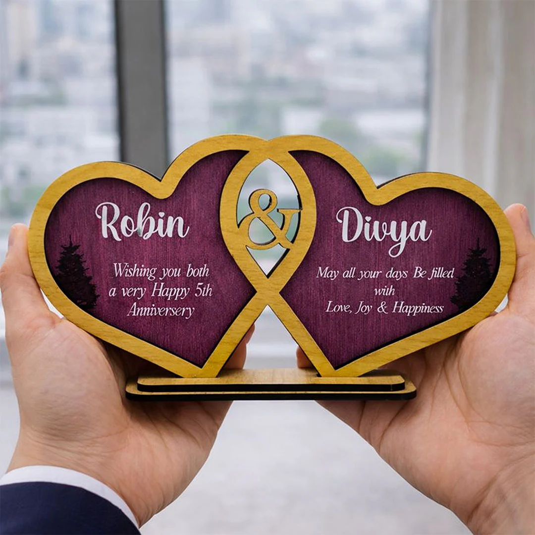 Personalized Double Heart Wooden Name Stand –4x8"