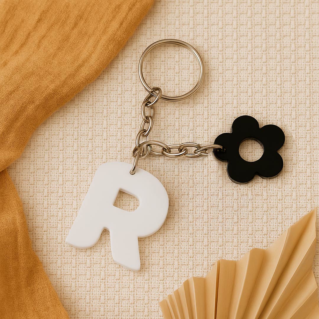 Personalized Flower Ring Acrylic Keychain – White